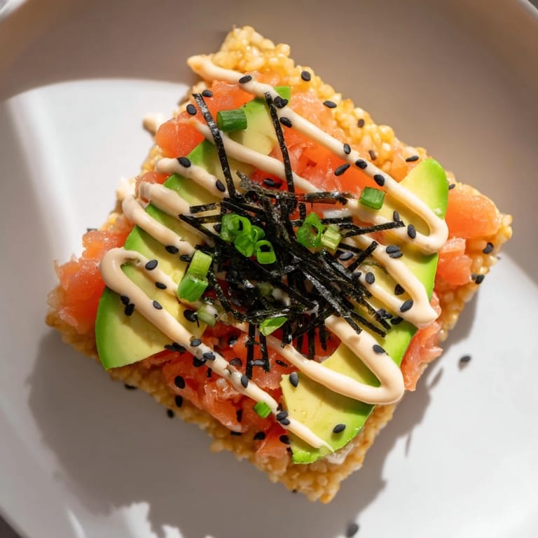 A close-up of crispy rice salmon stack showing layers of textures with fresh chives and sesame seeds.