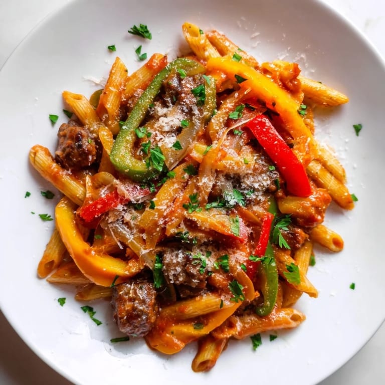 Delicious Sausage and Peppers Pasta with fresh parsley and Parmesan cheese, perfect for dinner tonight.