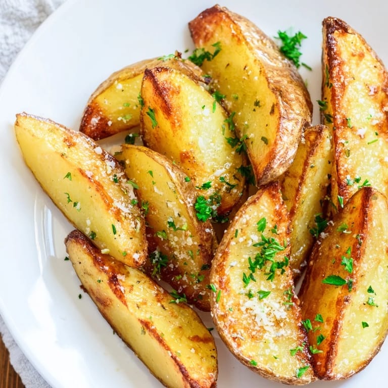 Oven-baked Rosemary Parmesan Potato Wedges, aromatic with fresh rosemary, served hot and ready to enjoy.