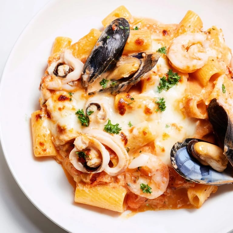 A close-up of cheesy Seafood Pasta Bake, showing shrimp, mussels, and penne in creamy tomato sauce.