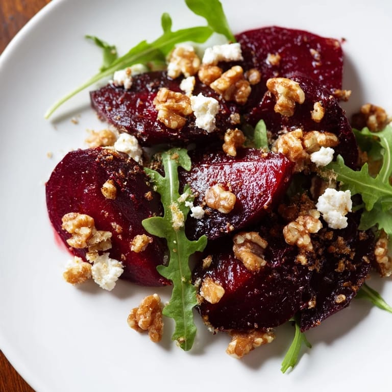 A close-up shot of the fresh Roasted Beet Walnut Salad with a tangy vinaigrette drizzled on top elegantly.