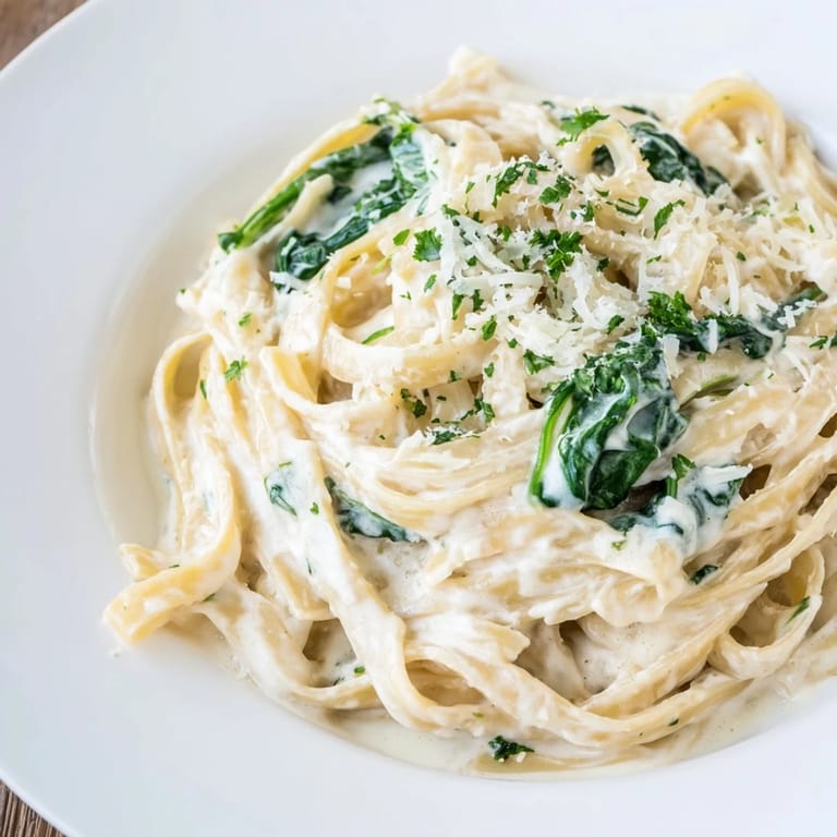 Garnish of parsley and Parmesan over Creamy Spinach Fettuccine Alfredo, perfect for a cozy dinner.