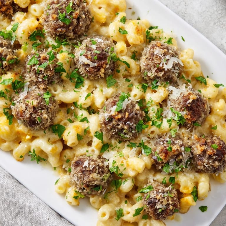The baked Mac & Cheese Meatball Bake, topped with crispy breadcrumbs and melted cheese, irresistible texture.