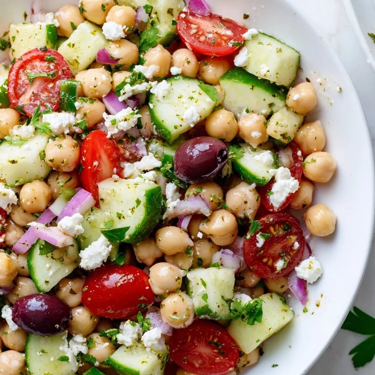 A vibrant bowl of Mediterranean Chickpea Salad, drizzled with dressing, perfect for a light and healthy meal.