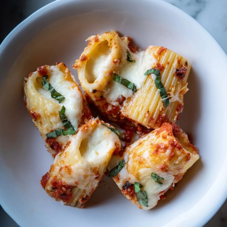 Golden-brown baked Four Cheese Pasta, with melted mozzarella and rich ricotta, perfect for a family dinner.