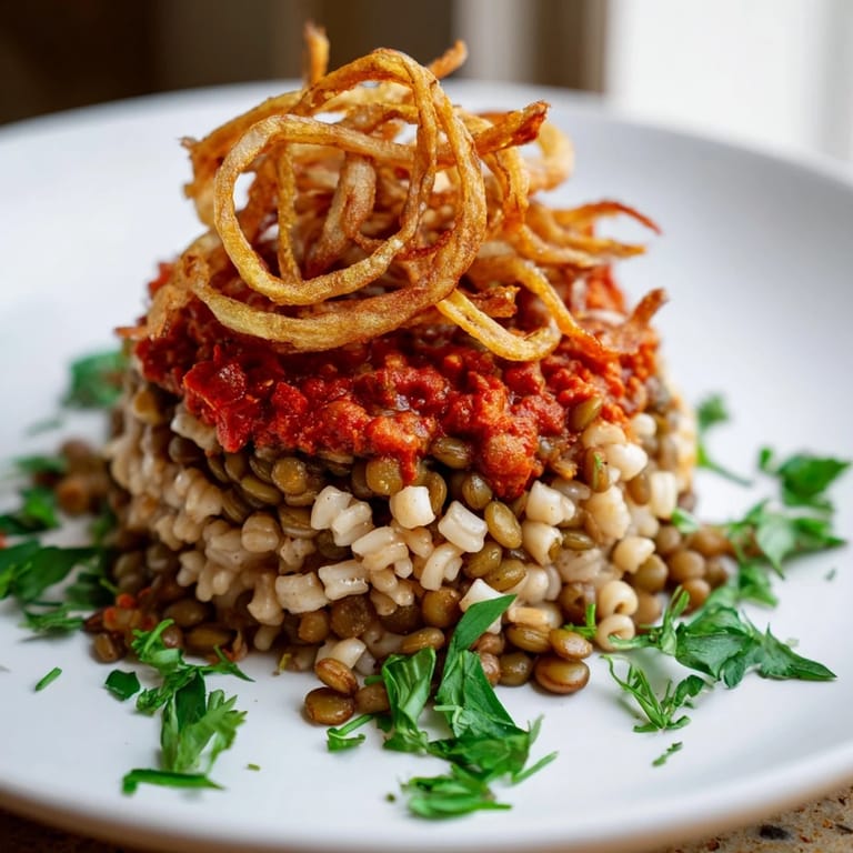 A steaming bowl of Koshari, overflowing with crispy onions and the complex flavors of Egyptian cuisine.