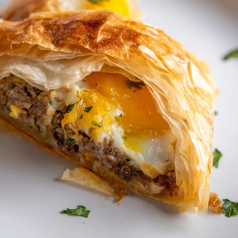 Close-up of a beautifully assembled Tunisian Brik, showcasing its tender egg and meat filling.