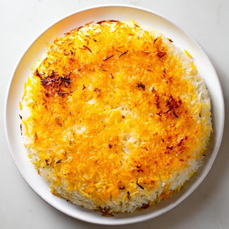 A serving of Persian Tahdig rice revealing the crispy tahdig side, ideal for a gluten-free meal.