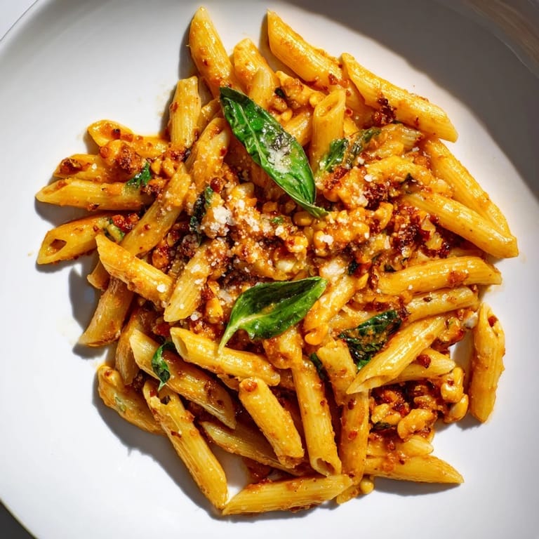 Close-up of bright red Sun-Dried Tomato Pesto Pasta, the perfect Italian vegetarian meal.