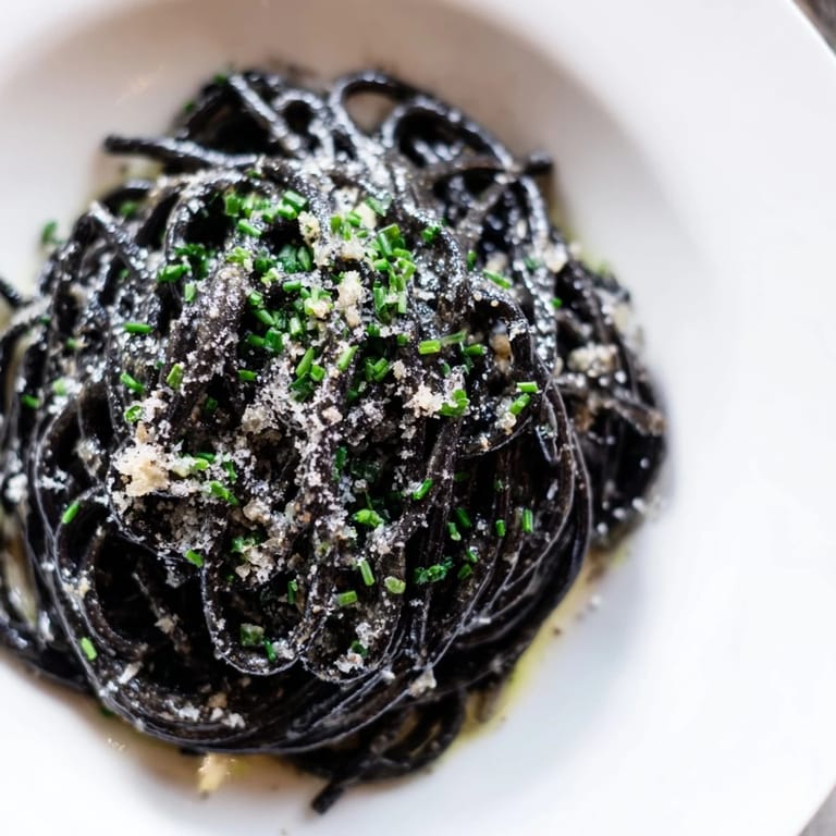 Elegantly plated squid ink pasta features a vibrant black hue against the rich, white cream sauce.