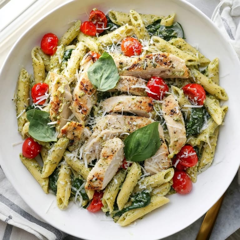Bright, flavorful Pesto Chicken Pasta with juicy chicken, Parmesan, and fresh basil, ready to eat.