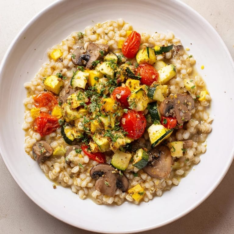 Hearty pearled barley creamy bowl; imagine the tender barley and roasted vegetable textures.