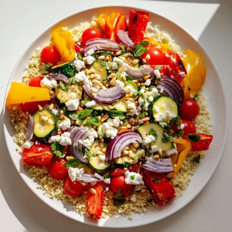 A beautiful, close-up view of Roasted Veggie Couscous Salad, showcasing the fresh parsley and lemon dressing's aroma.
