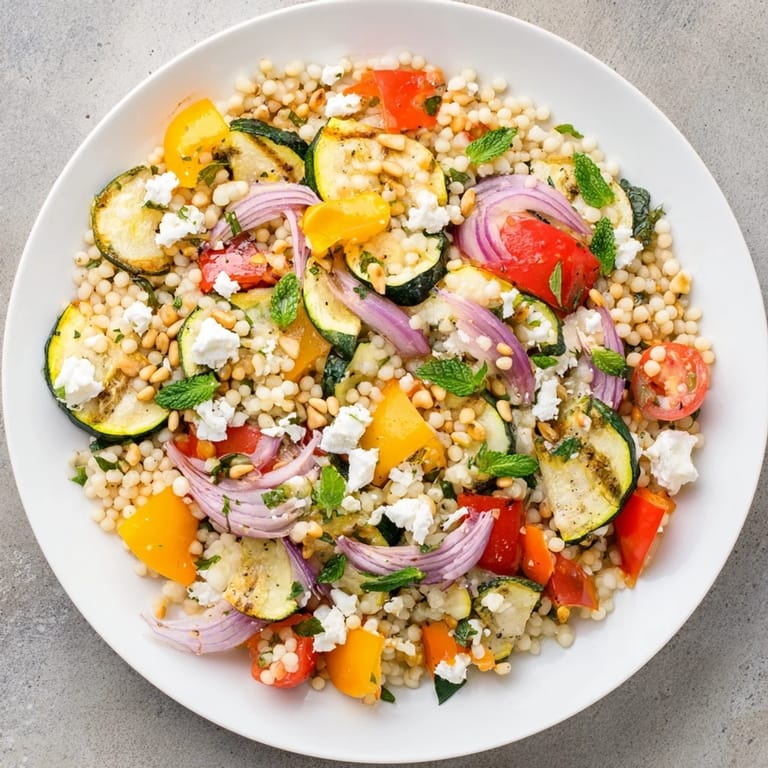 A light and healthy Roasted Veggie Couscous Salad arranged in a serving bowl, perfect for a Mediterranean-inspired meal.