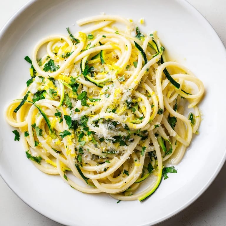 Fresh, flavorful Lemon Zucchini Pasta, garnished with parsley, a delightful vegetarian dinner idea.