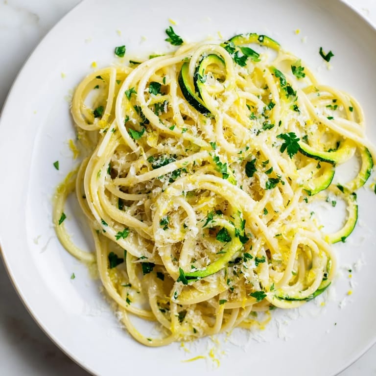 Quick and easy recipe showing a close-up of Lemon Zucchini Pasta, with grated Parmesan sprinkled generously.