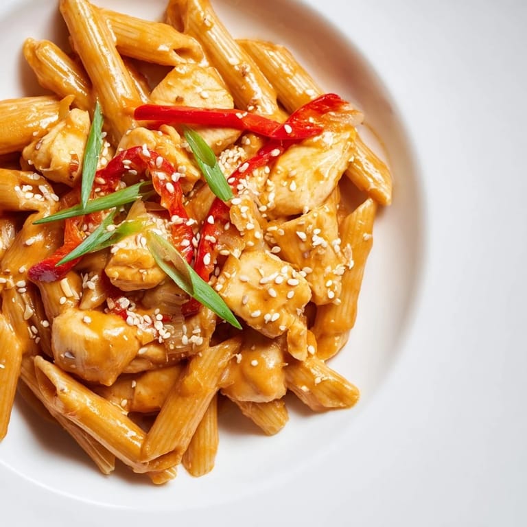 This sweet chili chicken pasta features perfectly cooked chicken and a bright, vibrant sauce drizzled over the pasta.