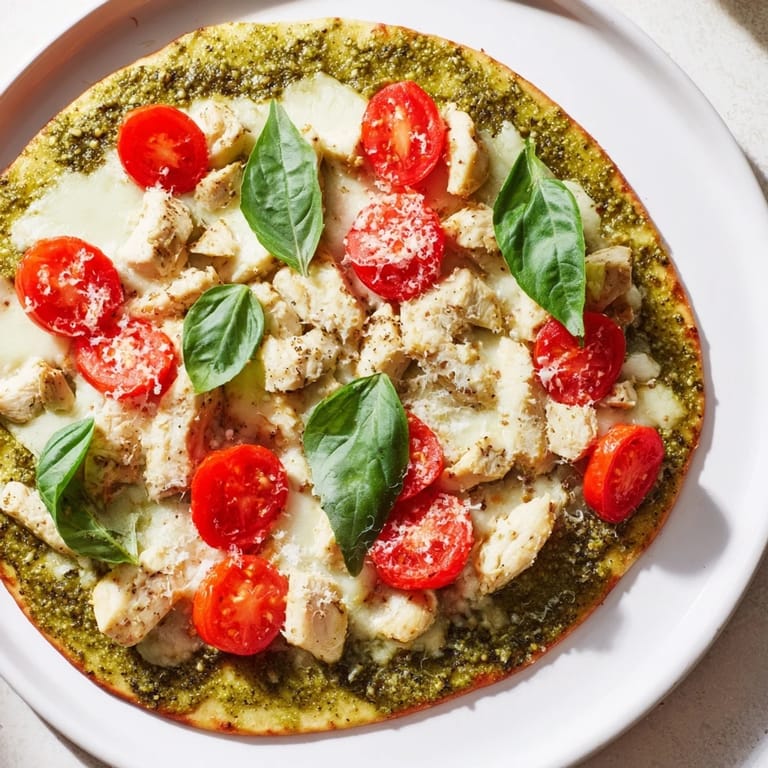 A close-up shot of a cheesy Chicken Pesto Pizza, warm from the oven, ready to serve.