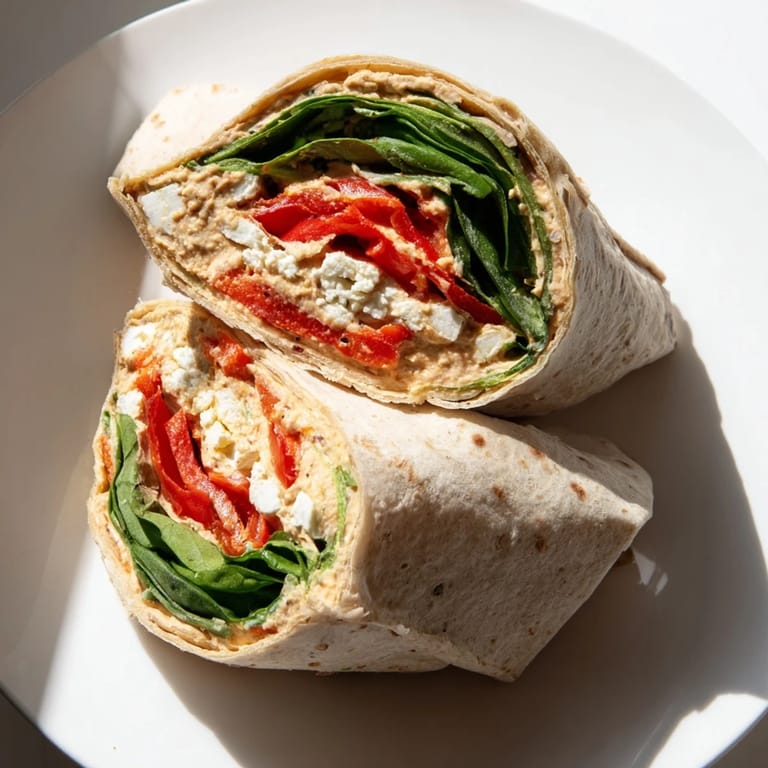 Freshly cut Mediterranean veggie wrap showing off layers of colorful vegetables and creamy hummus inside.
