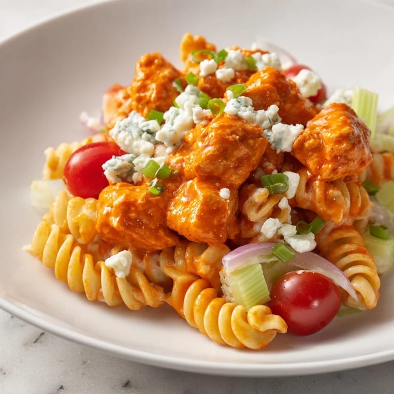 Chilled Buffalo Chicken Pasta Salad, bursting with vibrant veggies and a creamy, tangy dressing.