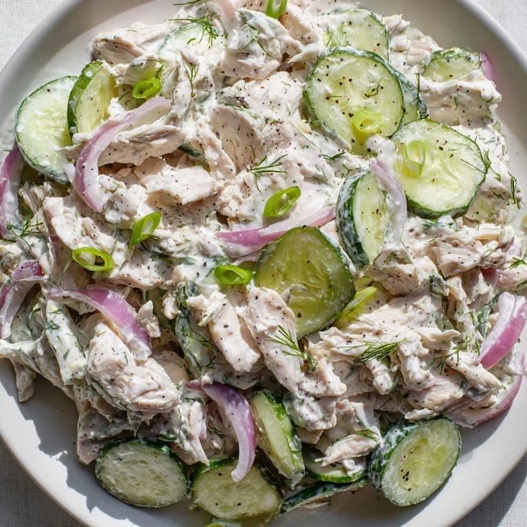 Close-up of a refreshing Creamy Cucumber Chicken Salad with creamy dressing over chicken and cucumbers.