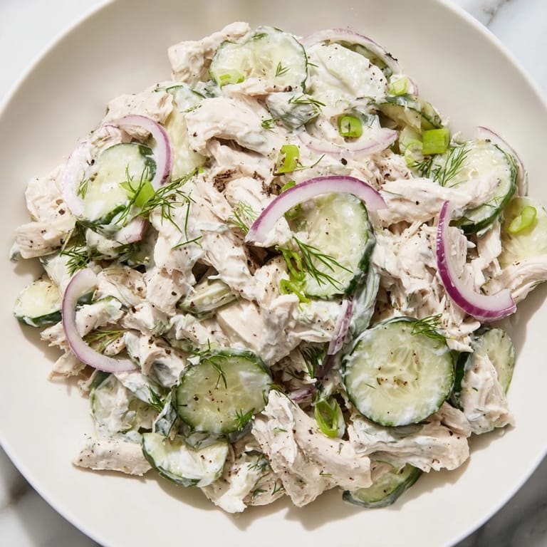 Enjoy a spoonful of cool and tangy Creamy Cucumber Chicken Salad, perfect for a light summer meal.