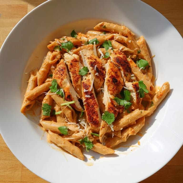 Warm, inviting shot of Honey Chipotle Chicken Pasta, garnished with fresh cilantro, ready to eat.