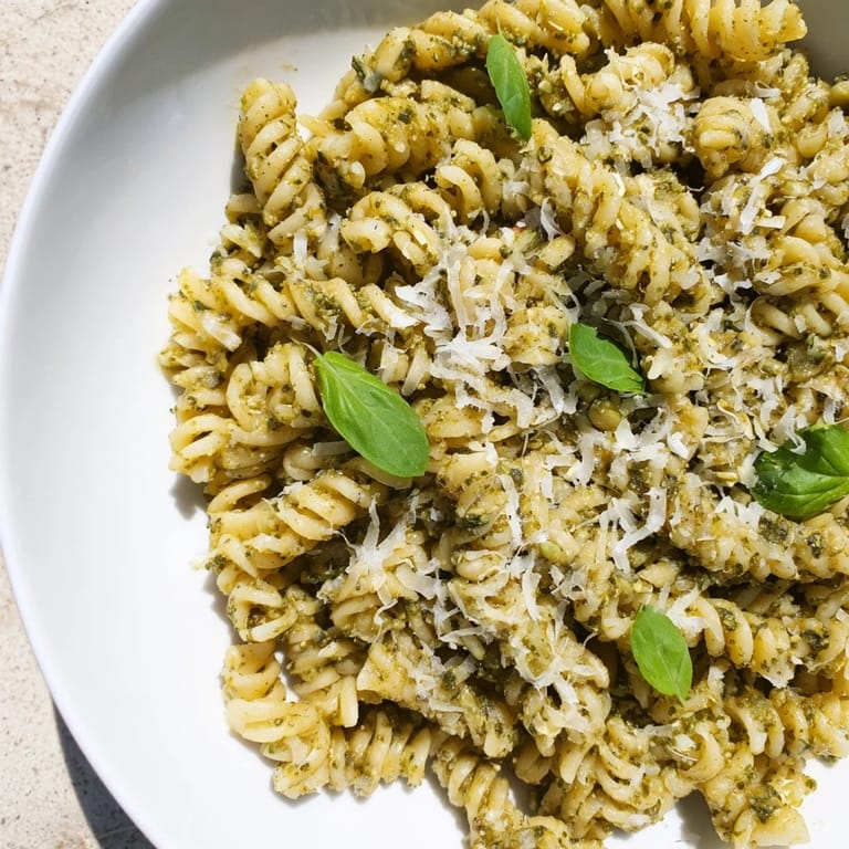 Close-up of the delicious Creamy Sunflower Seed Pesto Pasta, showcasing the creamy sauce's texture.