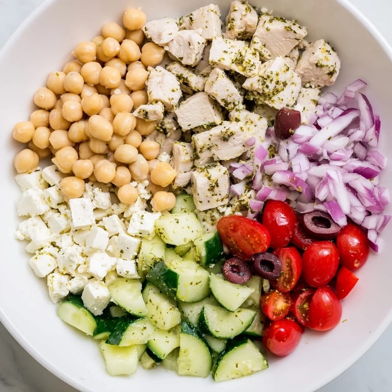 Freshly tossed Mediterranean Chickpea Chicken Salad with juicy chicken, savory olives, and a bright, zesty lemon dressing.