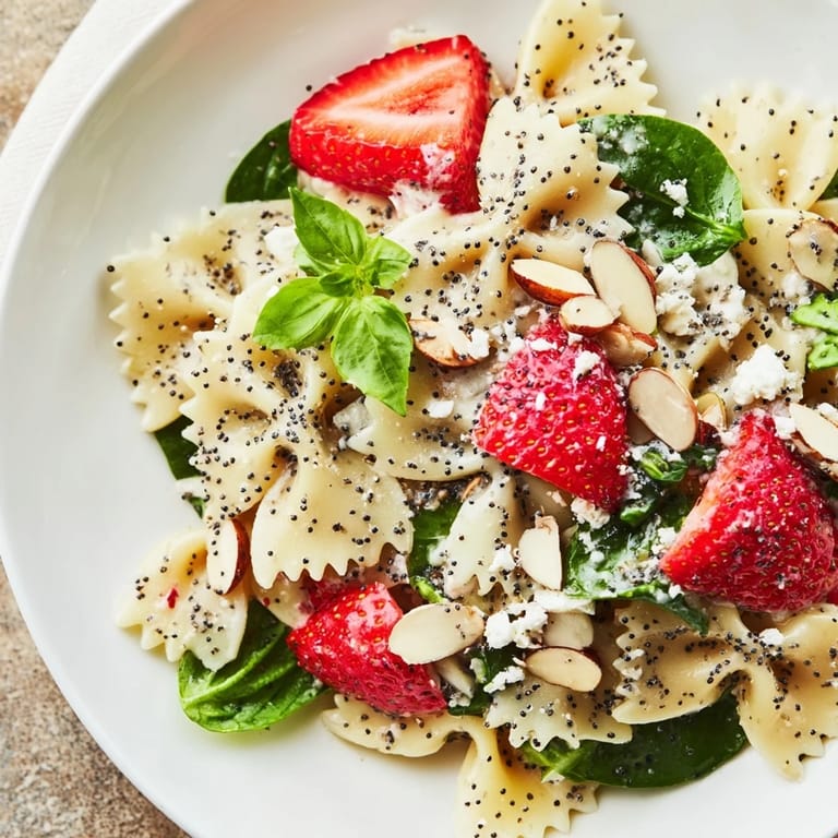 A close-up of Spring Spinach Strawberry Pasta Salad with toasted almonds, spinach, and a tangy poppy seed dressing.