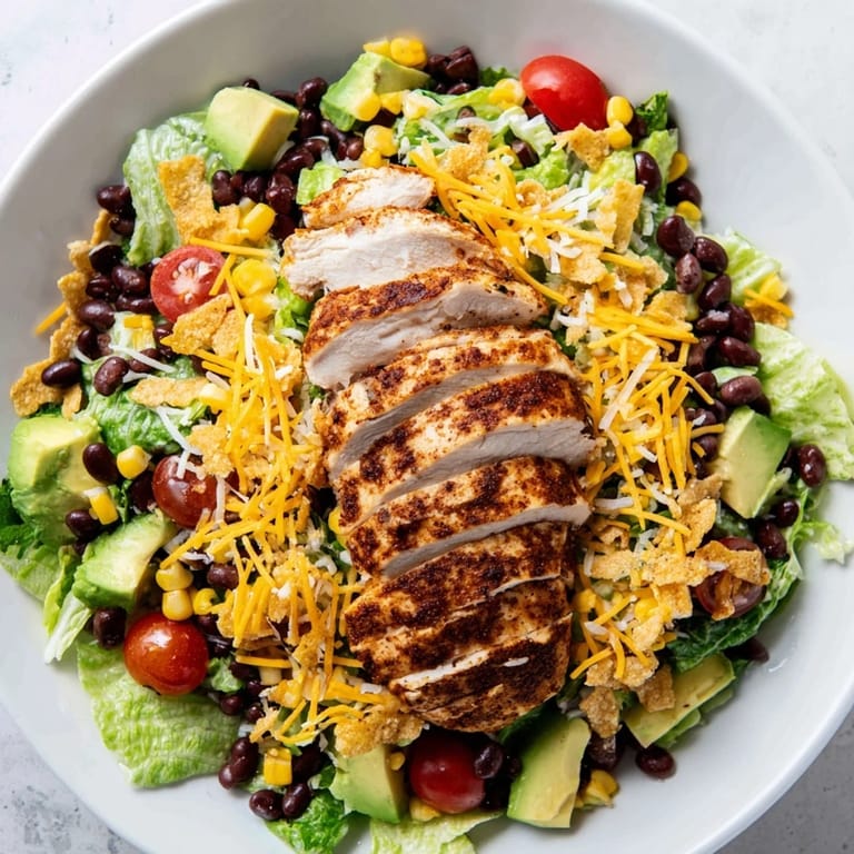 A colorful bowl of Crunchy Taco Chicken Salad: juicy chicken, creamy dressing, and crispy taco shell pieces enhance flavors.