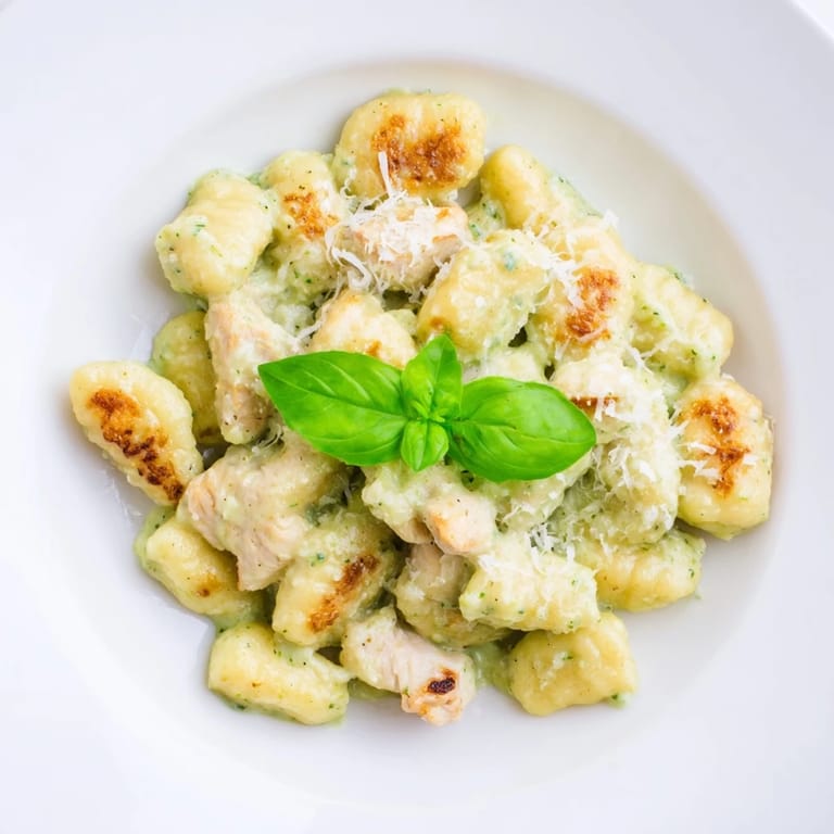 Imagine the aroma: warm, creamy pesto gnocchi and tender chicken, a perfect meal.