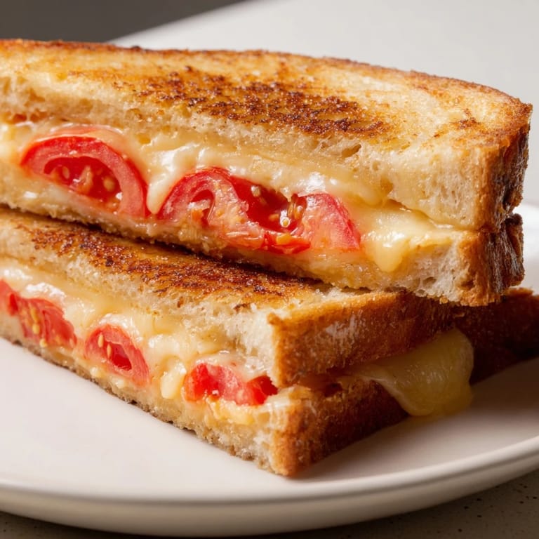 A close-up of a perfectly grilled Pepper Jack & Tomato Grilled Cheese, ready for a delicious bite.