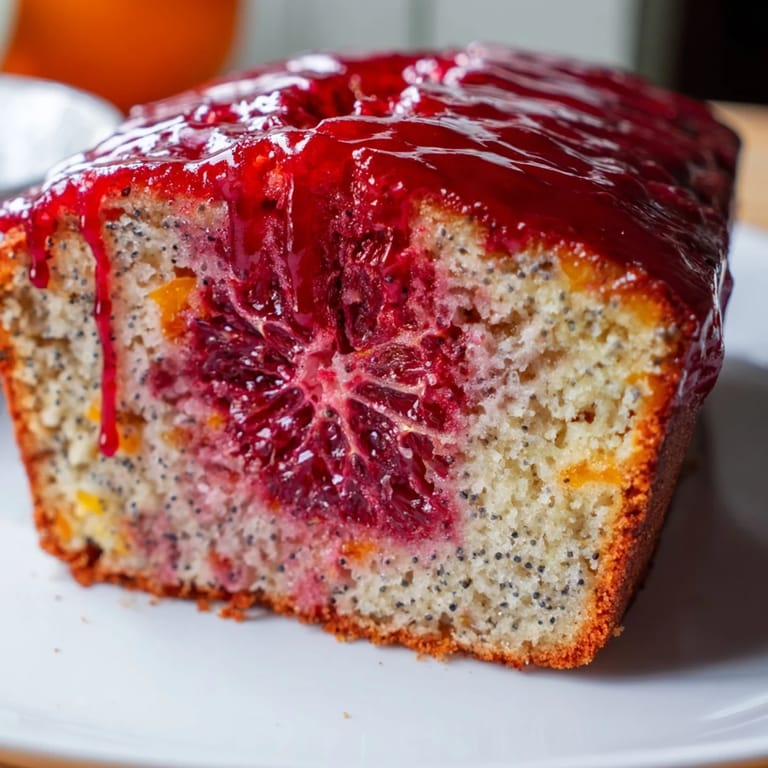 Vibrant blood orange loaf cake cooling on a wire rack, topped with a zesty glaze and fresh citrus slices.