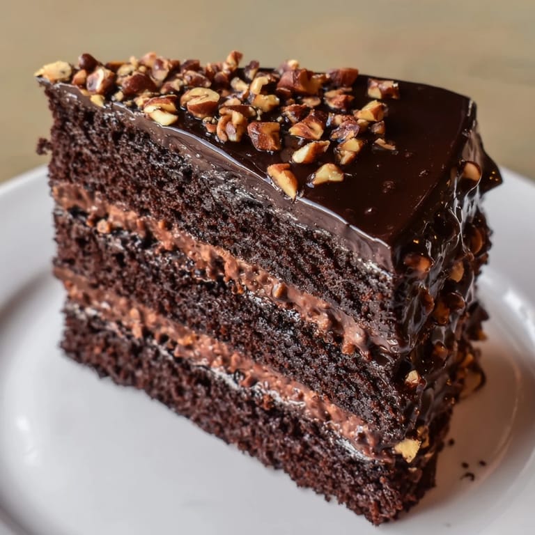 Decadent chocolate celebration cake with rich ganache and hazelnut praline, ready for a celebratory slice with coffee or milk.