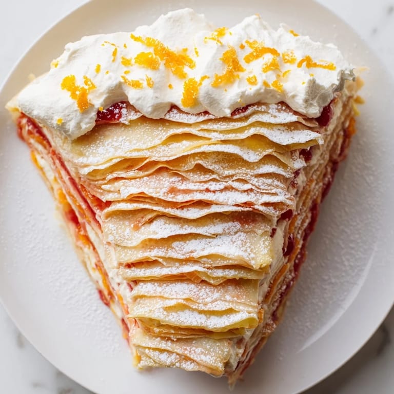 Delicate crêpes are layered with tangy blood orange curd and sweet whipped cream in this elegant, chilled dessert perfect for spring gatherings.