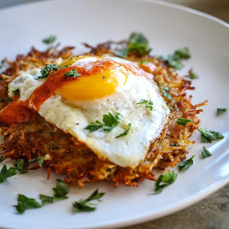 Golden celeriac rösti with creamy harissa yogurt and a runny-yolk fried egg, served on a rustic plate.