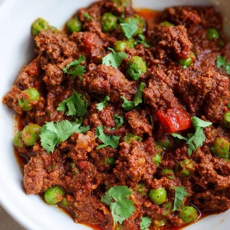 A close-up of rich Venison Keema Curry reveals its deep, spiced sauce and aromatic steam rising from a rustic serving bowl.