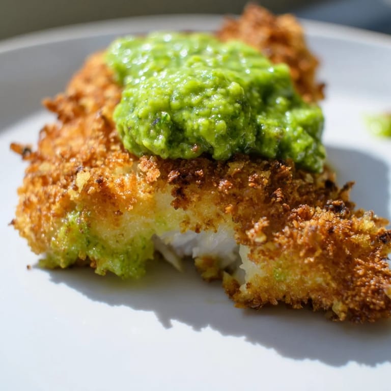 Crispy haddock goujons coated in Parmesan breadcrumbs, plated with creamy pea pesto and salad.