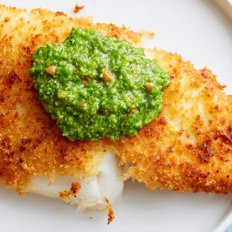 Haddock goujons with Parmesan crust on a platter, alongside bright green pea pesto and lemon.