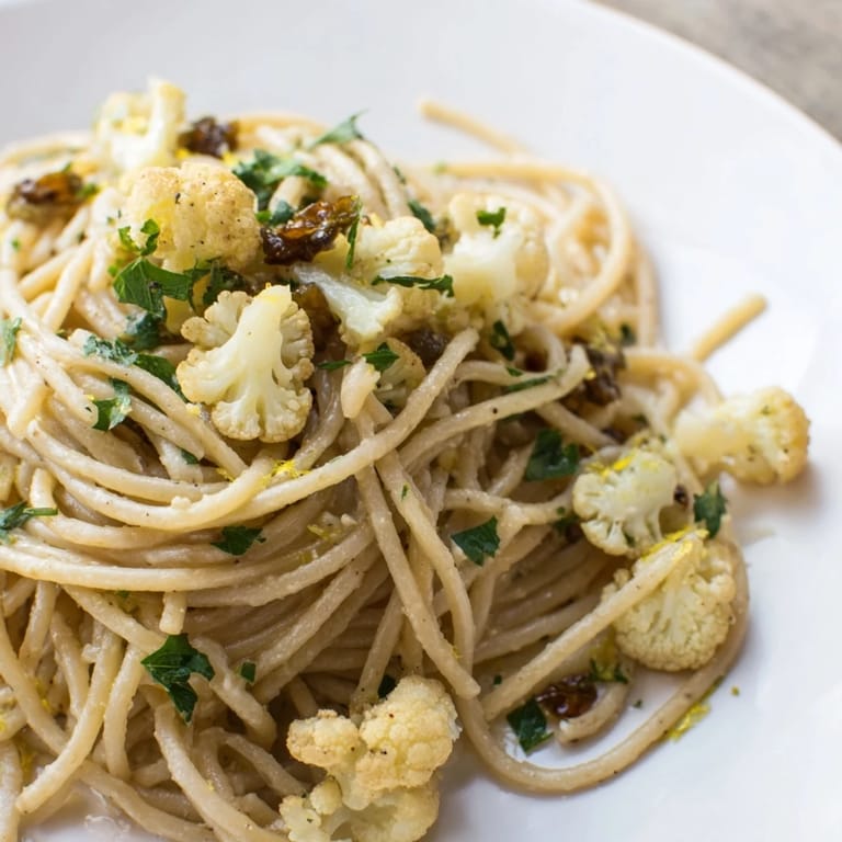 Hearty Italian spaghetti with roasted cauliflower, anchovies, raisins, and capers, ready for a light dinner tonight.