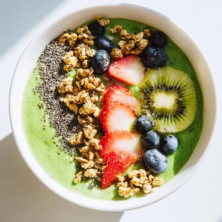 A refreshing Green Smoothie Bowl served in a white bowl with kiwi slices, blueberries, and gluten-free granola.