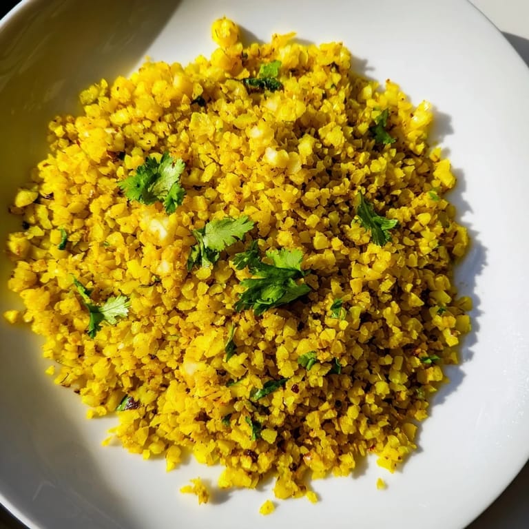 A close-up of Turmeric Cauliflower Rice topped with vibrant green cilantro, served alongside grilled chicken for a healthy, gluten-free dinner.