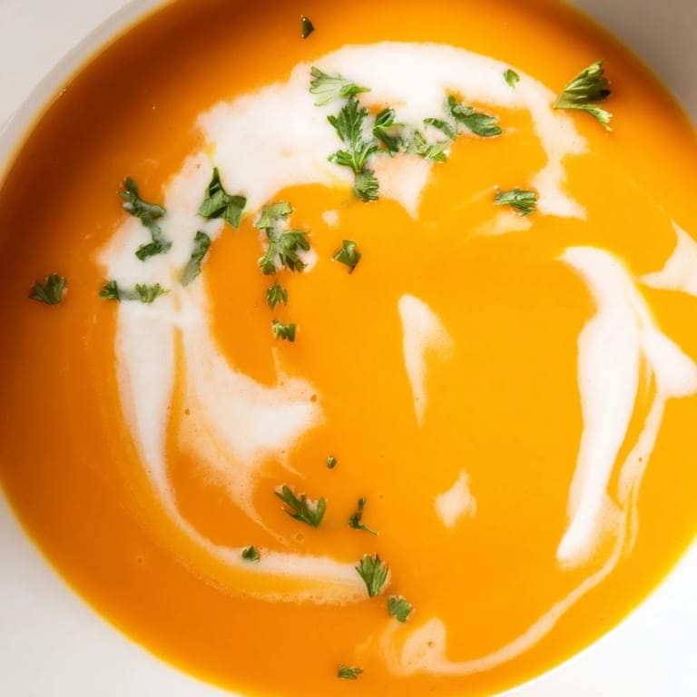 Silky smooth Carrot Ginger Soup served in a rustic bowl, perfect with a slice of crusty bread on the side.  