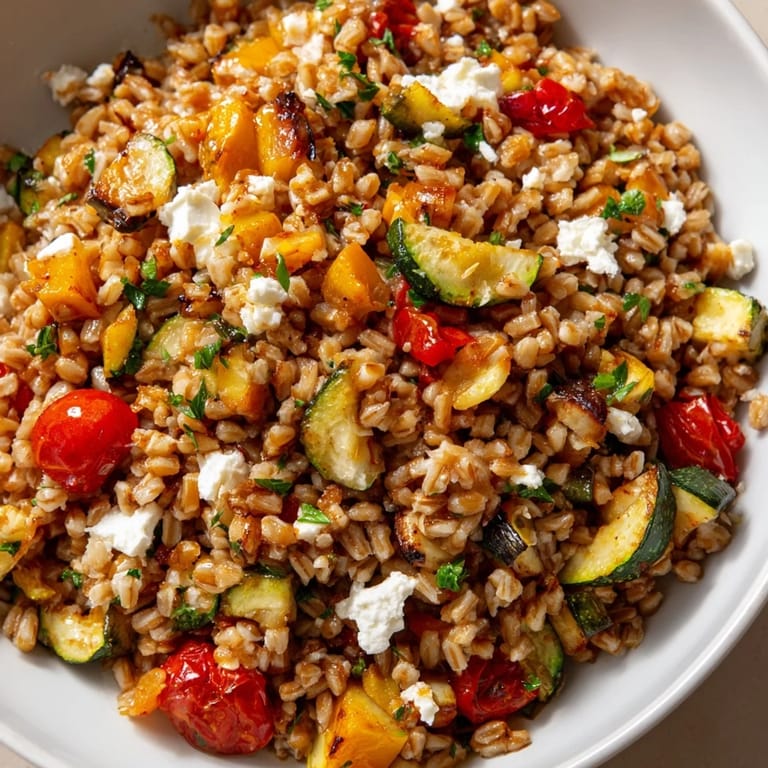 Savory Farro With Roasted Vegetables tossed with herbs and balsamic dressing, topped with optional crumbled feta for a Mediterranean flair.
