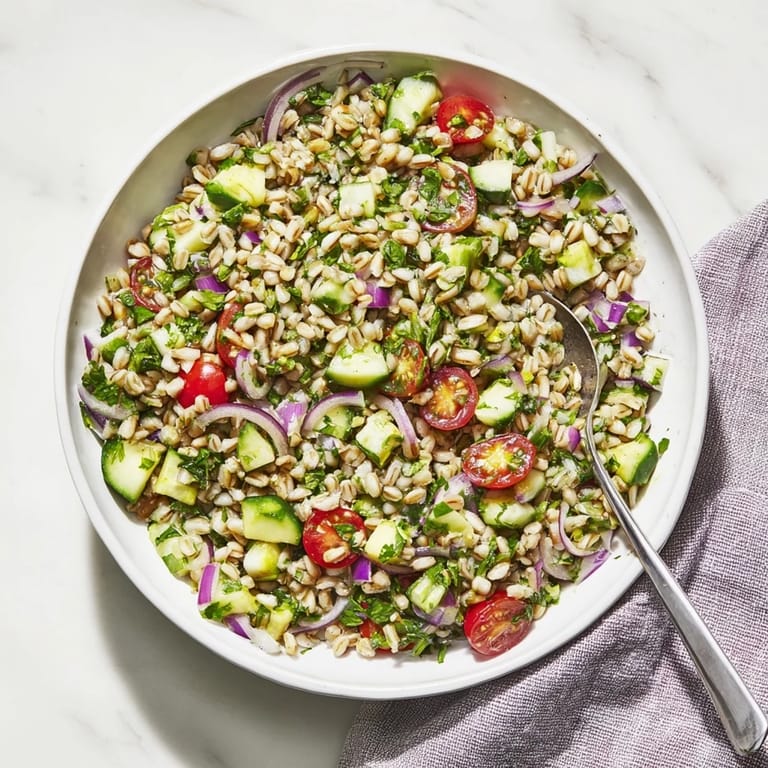 Serving chilled Barley and Herb Salad topped with crumbled feta and toasted almonds alongside grilled chicken for a Mediterranean-inspired side dish.