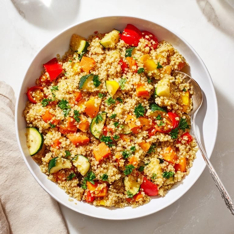 A vibrant bowl of quinoa vegetable pilaf topped with golden roasted veggies and a squeeze of lemon.
