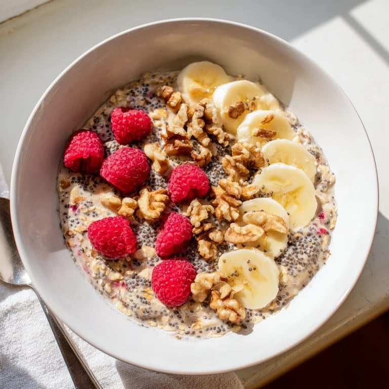 Serve overnight oats with chia seeds topped with nuts and raspberries in a chilled bowl for a fiber-rich, protein-packed breakfast.