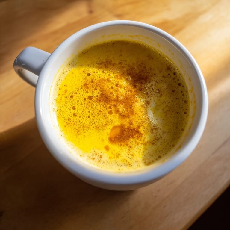 Pouring Turmeric and Ginger Golden Milk from a small saucepan into a mug, showing frothy steam and a cinnamon stick garnish.