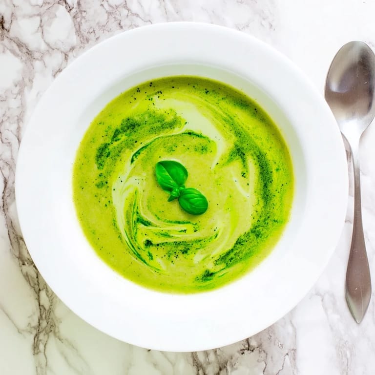 Freshly prepared Courgette, Pea and Pesto Soup in a glass jar, showcasing the vivid green hue and silky texture for a healthy vegetarian meal.